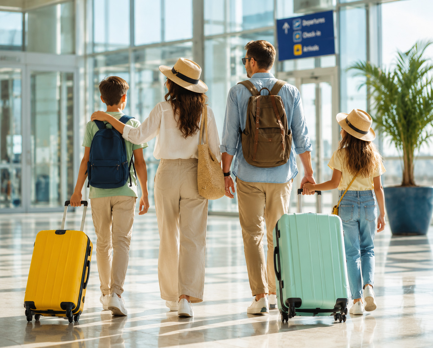 Family walking through airport with luggage