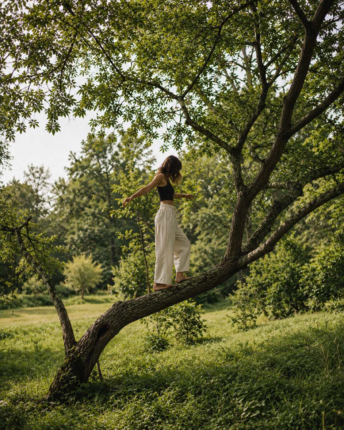 Woman playing on tree